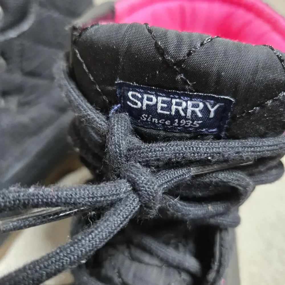 Sperry Port Duck Boots Kids Size 2 Black /Pink Waterproof Lined Rain Snow Play